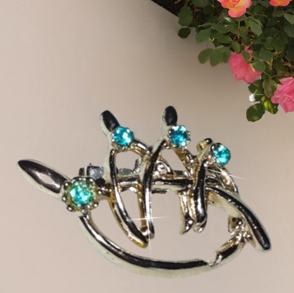 Vintage Wishbone Brooch w/ Aquamarine Rhinestones